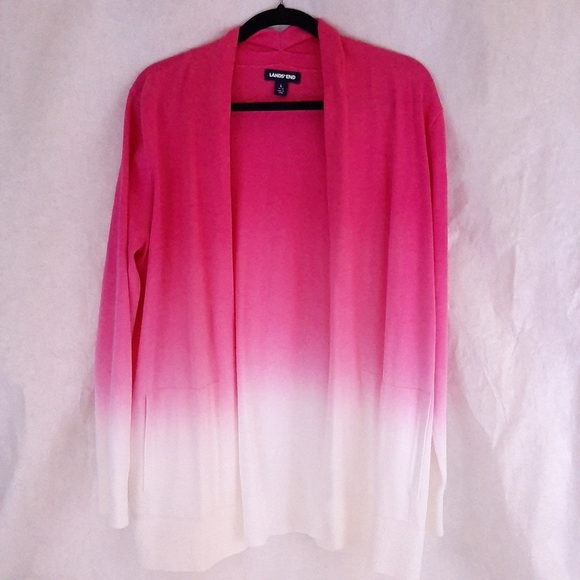 Lands End Pink Ombre Open Sweater cardigan jacket with pockets Sz Large NWOT - Picture 3 of 9